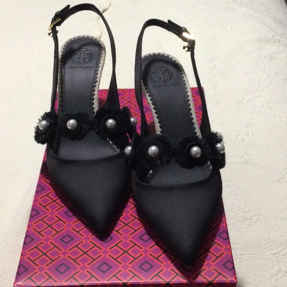 Tory Burch Chic Black Slingback Heels with Pearl Accents